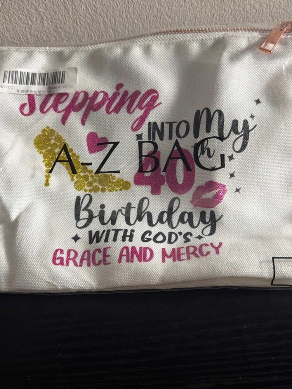 Stepping Into My 40th Birthday Cosmetic Bag - White with Pink & Gold
